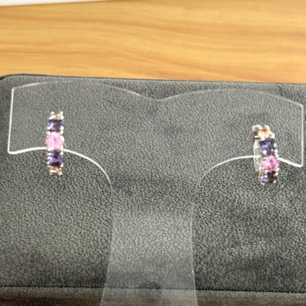 Sterling Silver Hoop Earrings With Pink & Purple Cubic Zirconia Gemstones